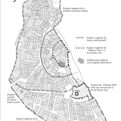 Les enceintes d’Aubenas  Aubenas : plan du castrum et de son évolution à partir du plan cadatral de 1833  (d’après Pierre-Yves Laffont, Atlas des châteaux du Vivarais (Xe-XIIIe siècles), Dara, Lyon, 2004)